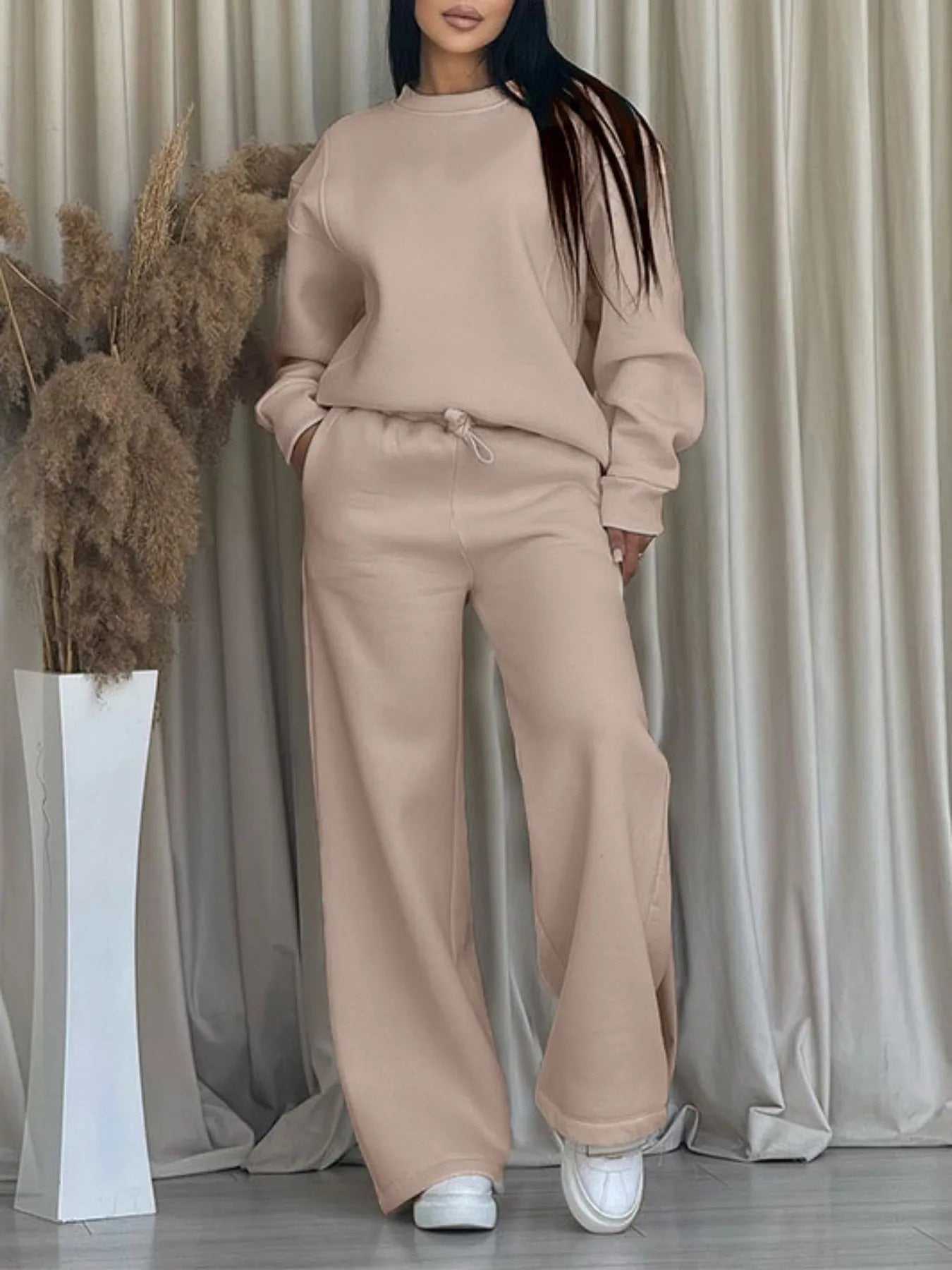 2025 autumn-winter new style solid color round neck long sleeve loose casual wide-leg pants set for women