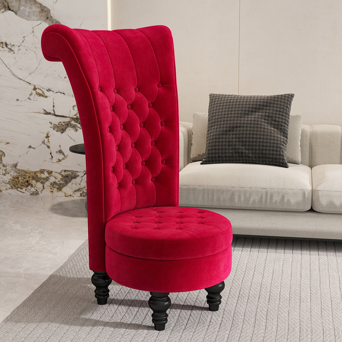 Velvet Royal High-Back Chair - Button-Tufted Armless Throne with, Luxury Elegant for carpeted, Bedroom, Dressing Area - Sofa for Reading Nook, Rubberwood Legs (No Assembly Required)