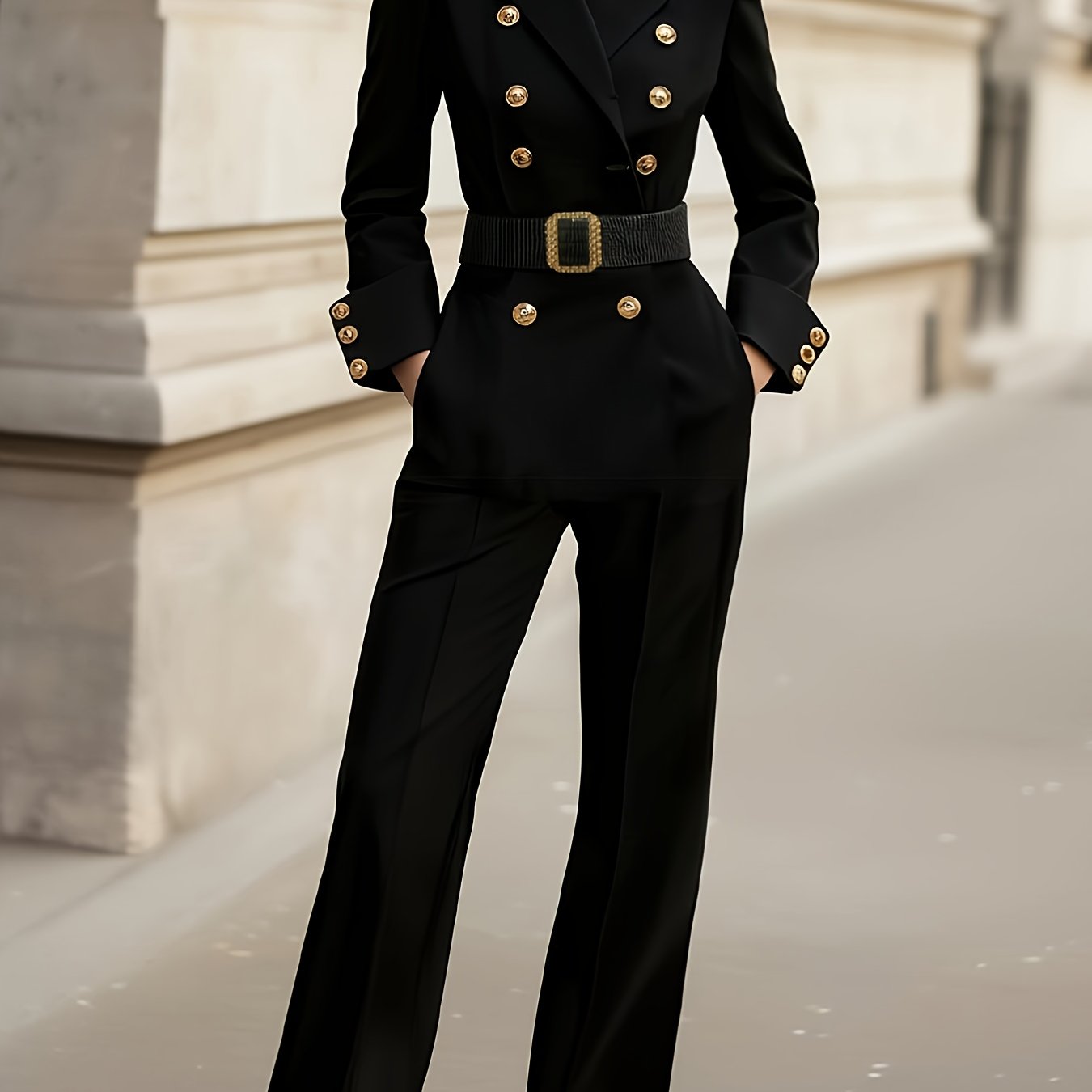 [Elegant Black Pantsuit] Elegant Black Pantsuit For Women | Formal & Casual Business Outfit with Double Button Front, Structured Wide-Leg Trousers, All-Season Professional Attire for Office, Events, Casual Attire - Women's Fo