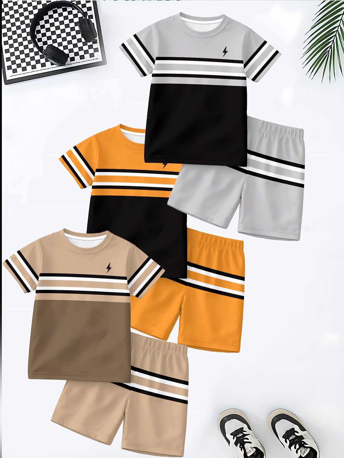 6pcs Boys' Short-sleeve Shorts Set, Casual and Fashionable Style, Fun Patterns, Summer Outdoor Sports Wear, Soft, Breathable, and Comfortable Boys' Short-sleeve Round-neck T-shirt + Shorts Set, Perfect for Children to Wear Du