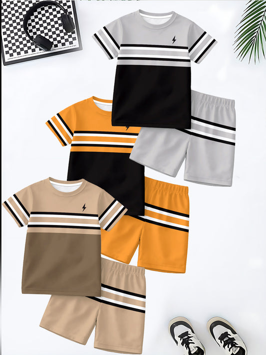 6pcs Boys' Short-sleeve Shorts Set, Casual and Fashionable Style, Fun Patterns, Summer Outdoor Sports Wear, Soft, Breathable, and Comfortable Boys' Short-sleeve Round-neck T-shirt + Shorts Set, Perfect for Children to Wear Du