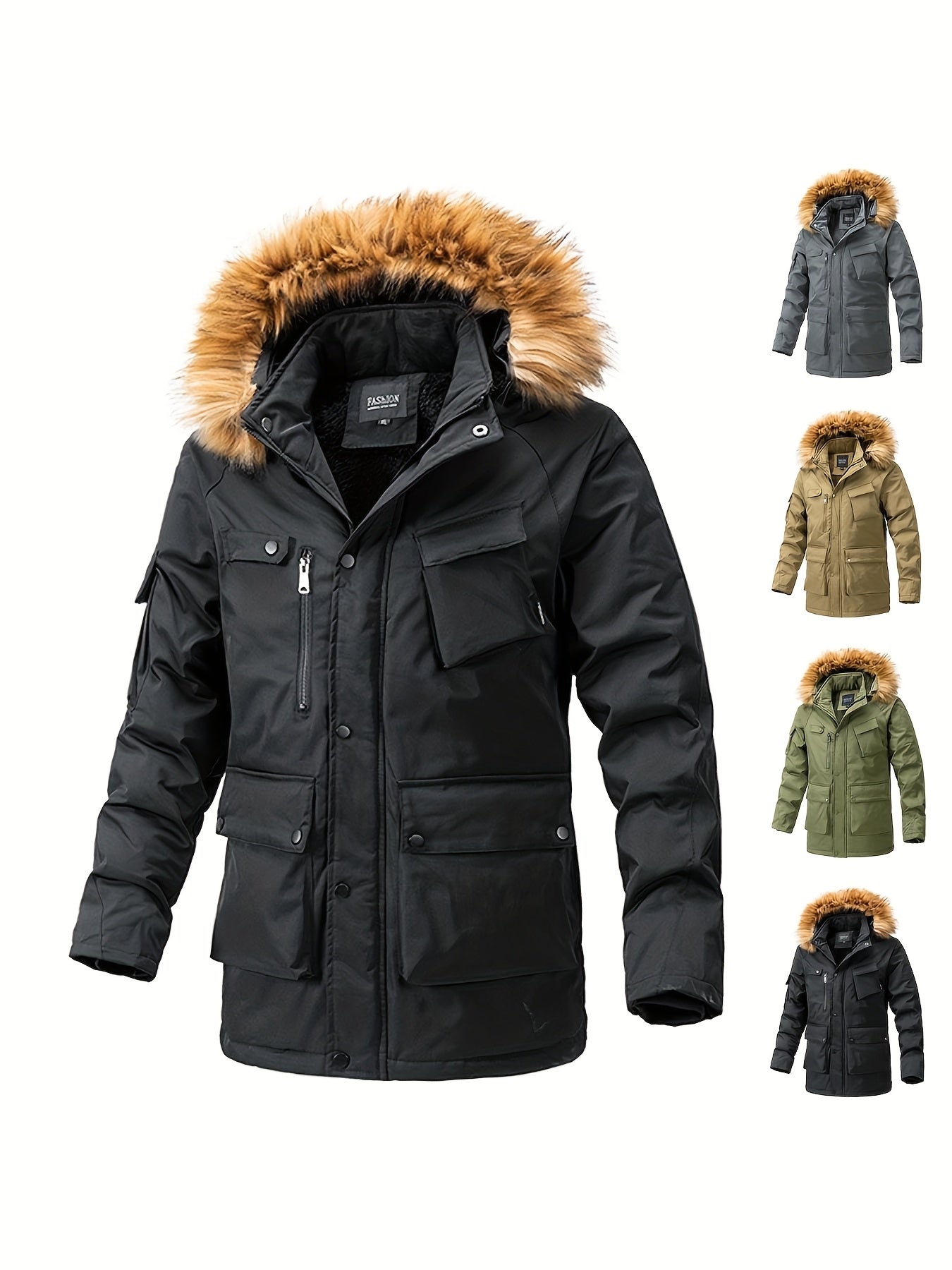 Men's Windproof Fleece-Lined Winter Parka Jacket with Hood - Full-Zip Thickened Coat, Loose-Fit Ski Hiking Coat, Zippered Pockets & Hooded Collar, Mid-Length Warm Outerwear for Snow & Cold Weather (Casual)
