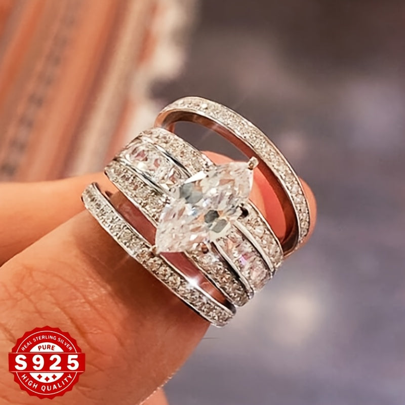 [Luxury Marquise Ring Set] Luxury S925 Silver Marquise Art Design Three-Piece Set Of Rings | Fashion Creative Engagement Wedding, Dating Party, Birthday, Valentine's Day, Holiday Gifts - Exquisite Elegant Light Luxury Daily W