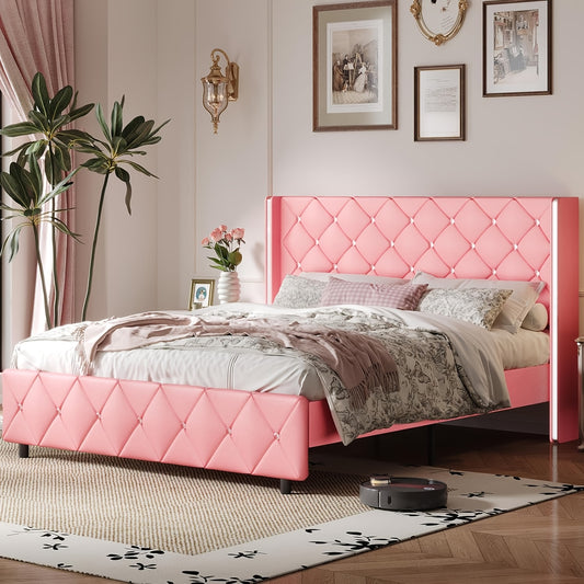 Twin Full Queen King Size Bed Frame, Upholstered Bed Frame with Diamond Tufted Headboard, Modern Silvery Side Wing Back, No Box Spring Needed, Easy Assembly, Purple, Black, Blue, Green, Pink, White