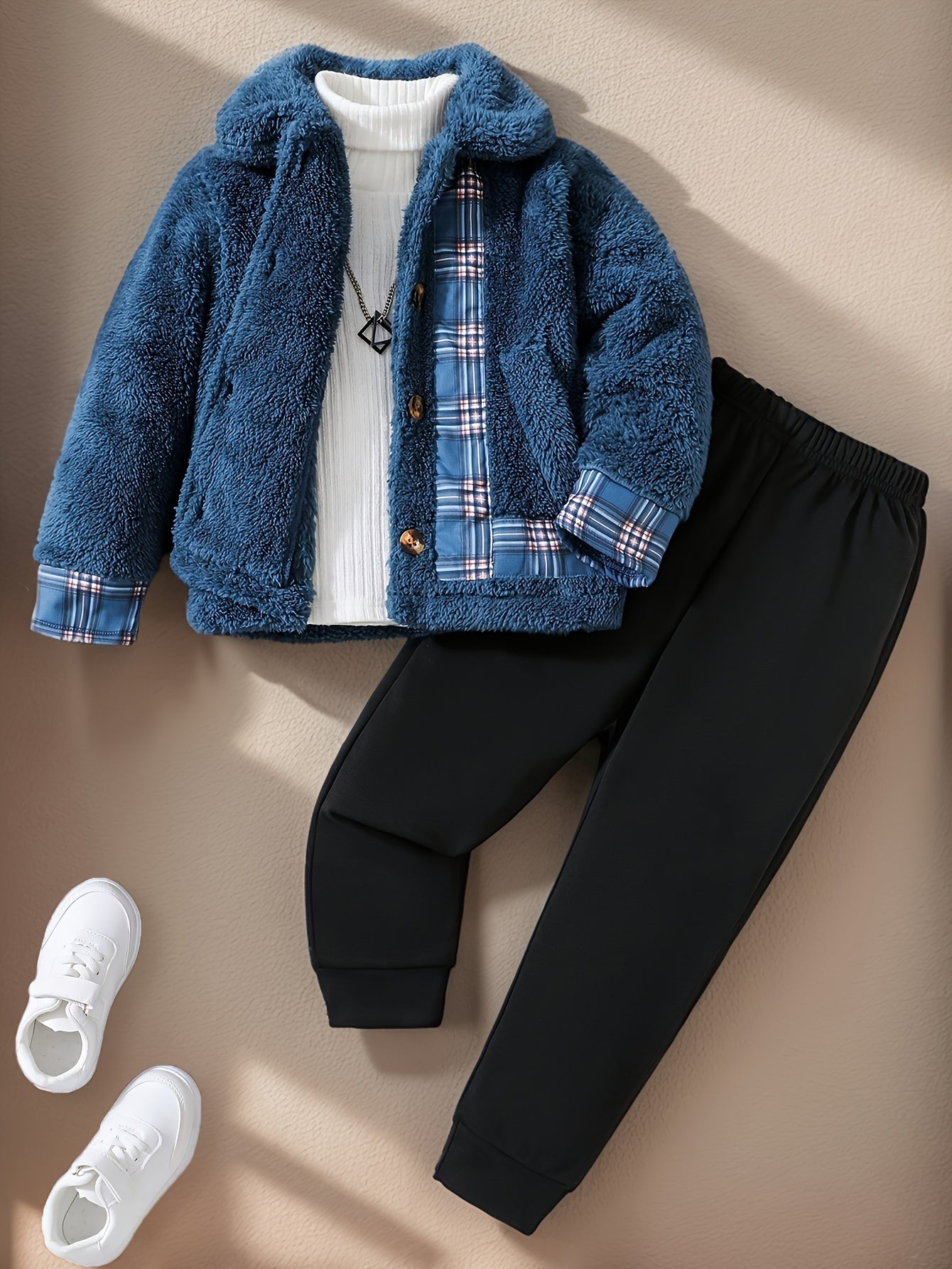 Boys Autumn And Winter Fashion All-Match Suits Top Furry Coat Cardigan Button Design Lapel Plus Bottom Solid Black Pants Two-Piece Casual Suit Directional Development, for Outdoor, Boy Clothing, Boy Clothes Direction, Boy Clo