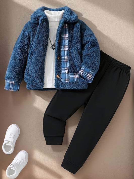 Boys Autumn And Winter Fashion All-Match Suits Top Furry Coat Cardigan Button Design Lapel Plus Bottom Solid Black Pants Two-Piece Casual Suit Directional Development, for Outdoor, Boy Clothing, Boy Clothes Direction, Boy Clo