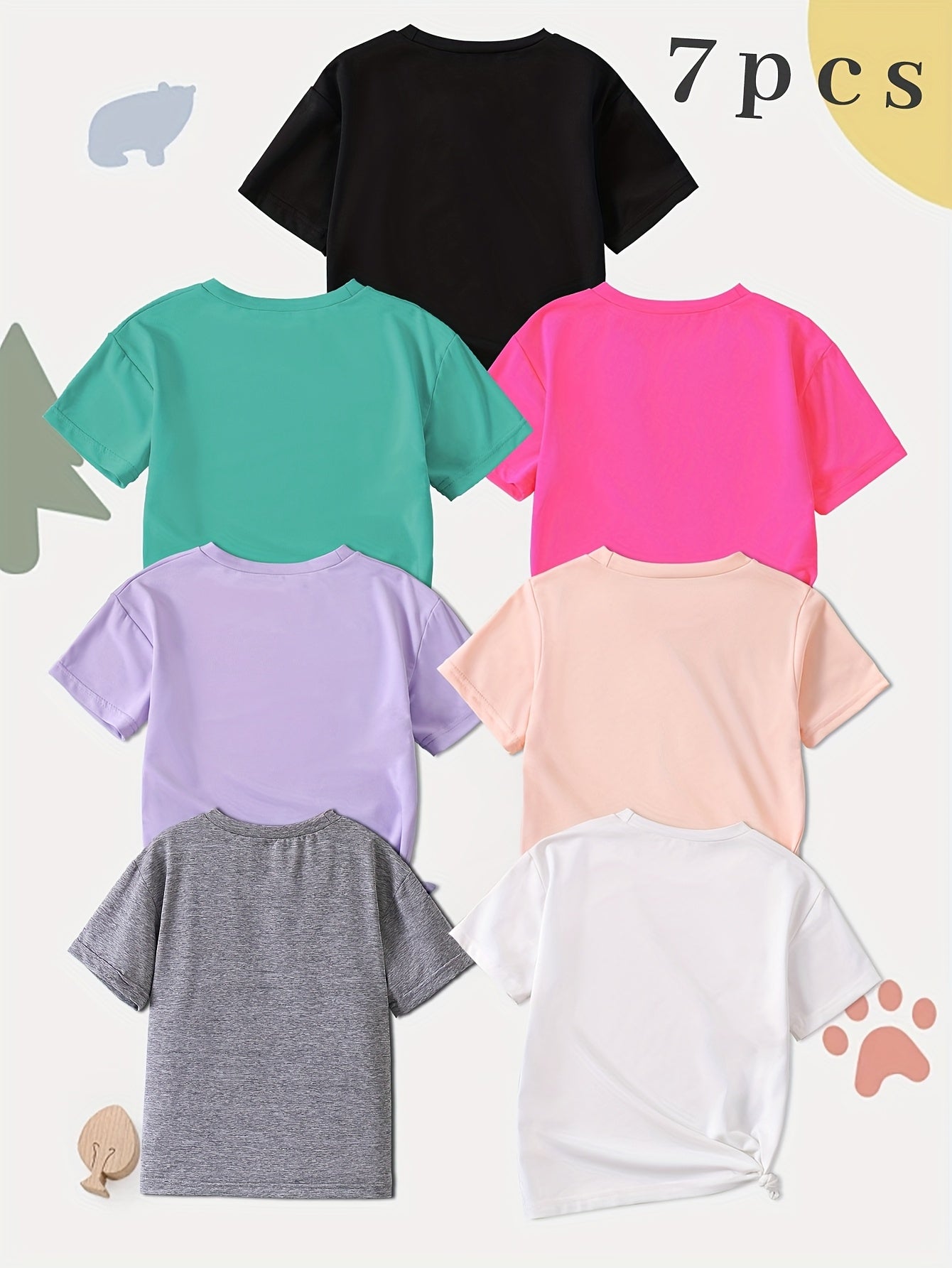 [7pcs Fashion T-shirts] 7pcs Summer Fashion Girls' T-shirts, Comfortable and Skin-friendly, Affordable Short-sleeved Tops with Round Neck