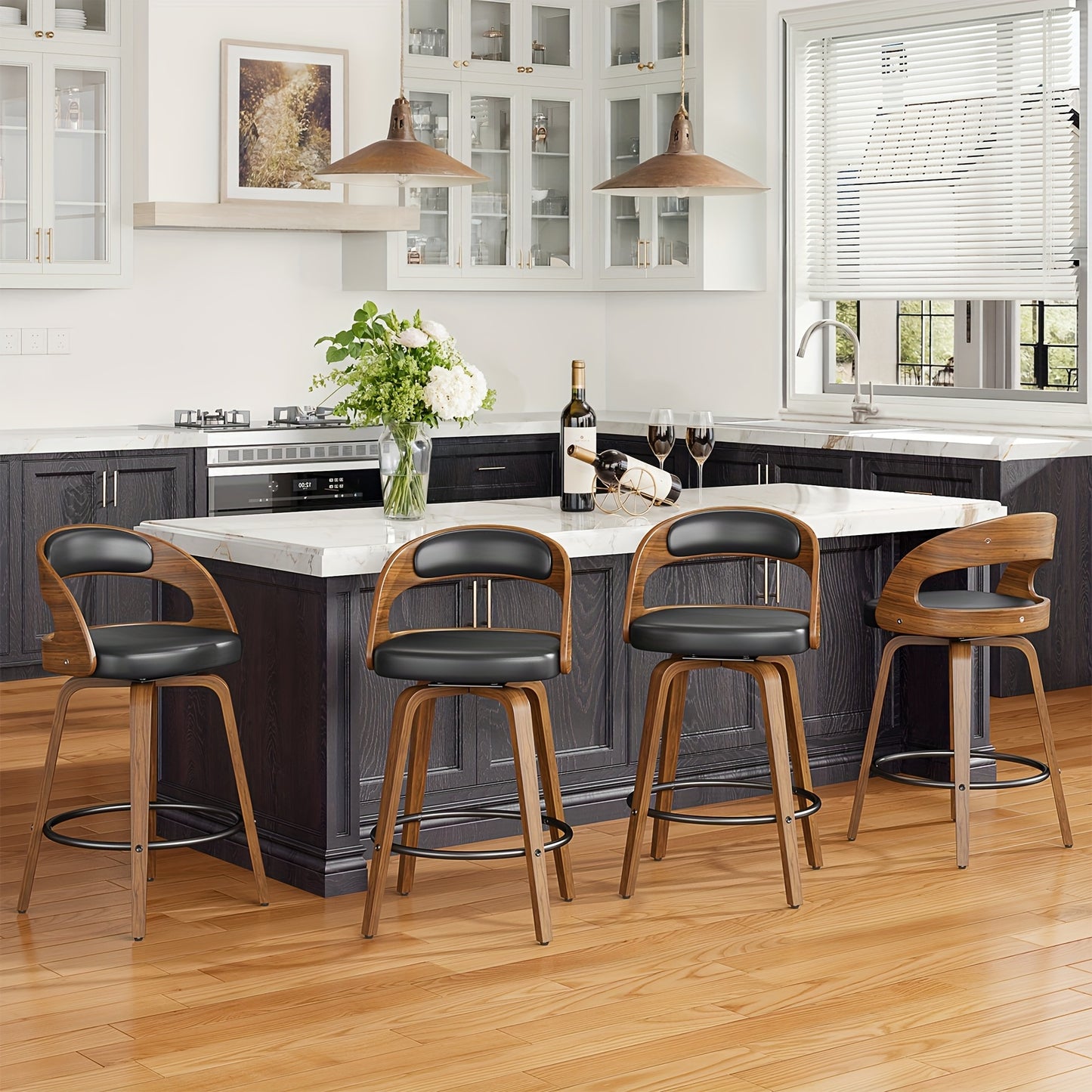 3/4 Bar Stool Set: Luxurious Faux Leather, Swivel Design, Armless, Featuring Thick Cushions And Back Support, Specifically Designed for Kitchen Islands And Bar Counters.