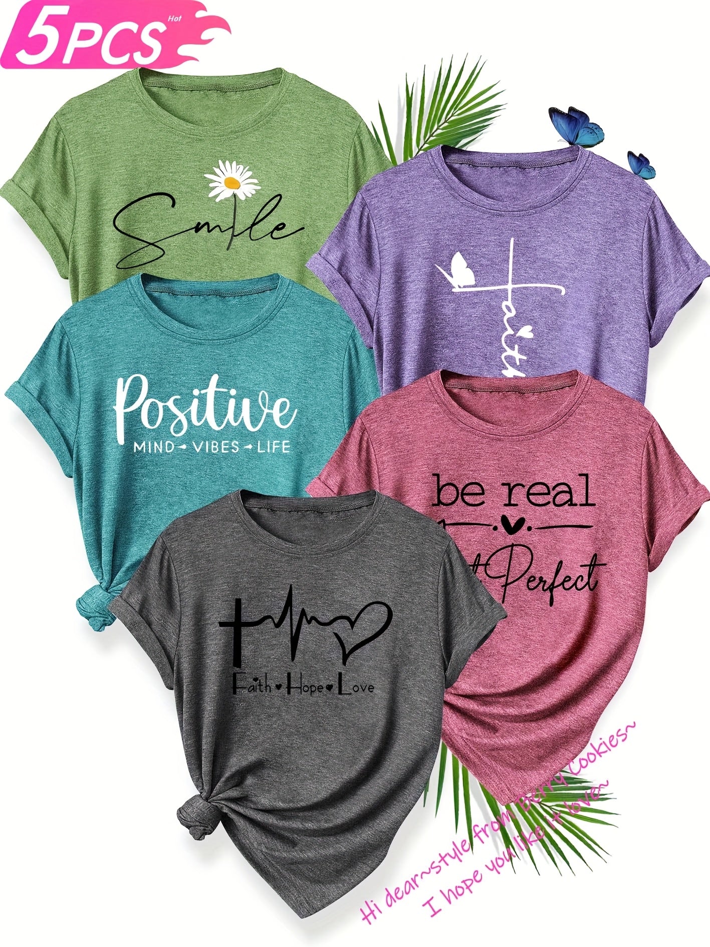 5pcs Women's T-Shirt Set, "Be Real" & "Smile" Inspirational Quotes, Heart & Flower Designs, Soft Polyester, Round Neck, Short Sleeve, Spring/Summer/Fall Casual Wear, Sizes S-XXL, Spring Summer Apparel, Playful Graphic Tees, M