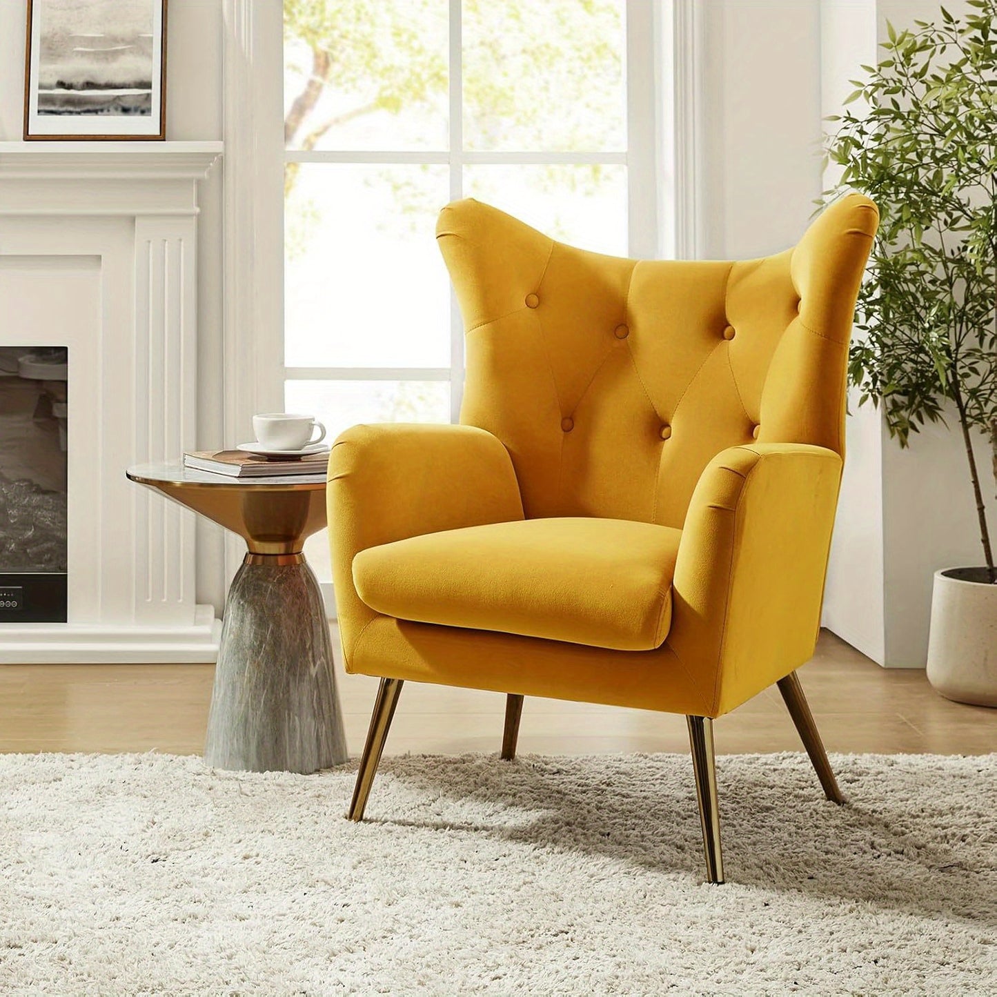 Modern Velvet Wingback Arm Chair with Golden Metal Legs - Tufted Upholstered Accent Chair in Blue/Yellow, Wood Frame, Perfect for Living Room, Bedroom, or Dining Room, Chair for Living Room