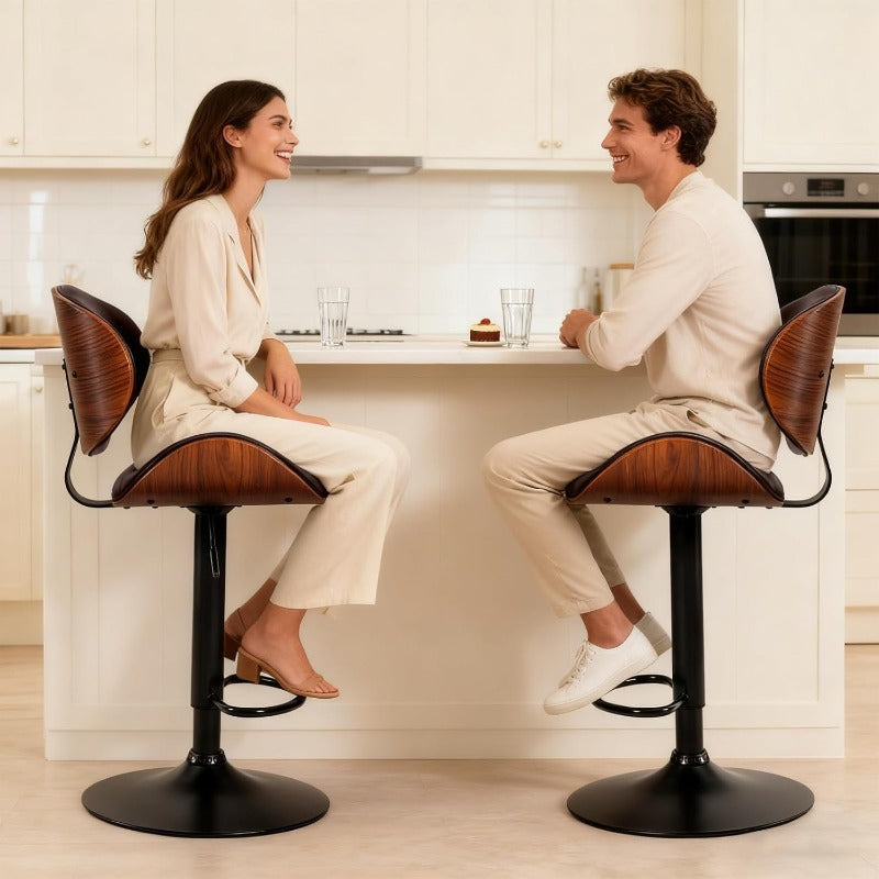Bar Stool Set (2-Piece/4-Piece/6-Piece), Adjustable Bar Height, PU Leather-Covered Seat, Ergonomic Backrest and Footrest, Non-Slip Rubber Base, Suitable for Bars and Home Kitchen Islands, Black