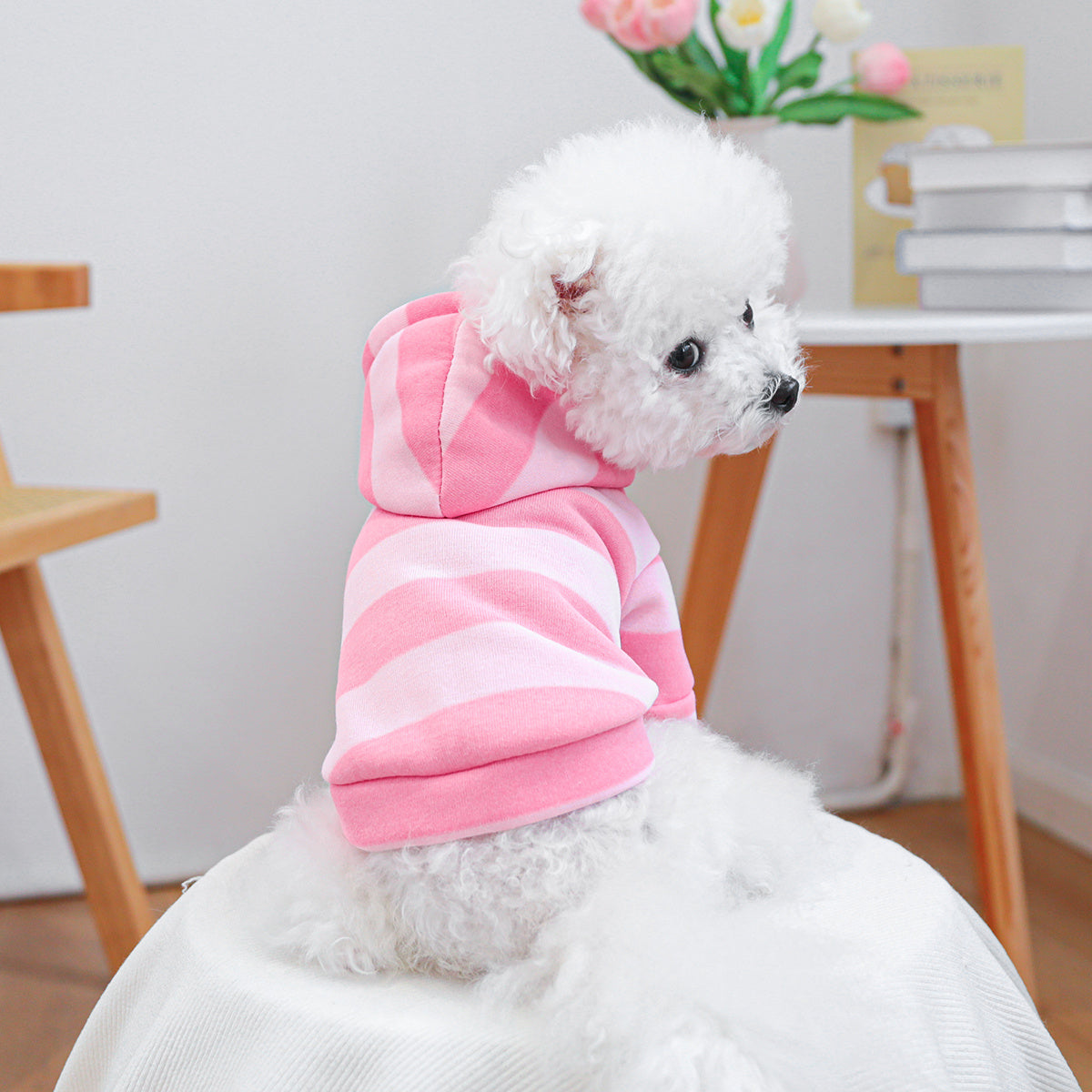 1pc Pink & White Striped Women's Style Puppy Hoodie Jacket for Small/Medium Dogs - Full-Zip Hooded Sweater, Soft Warm Winter Outfit, 100% Polyester Knit Pet Clothing for Pomeranian, Chihuahua, Shih Tzu