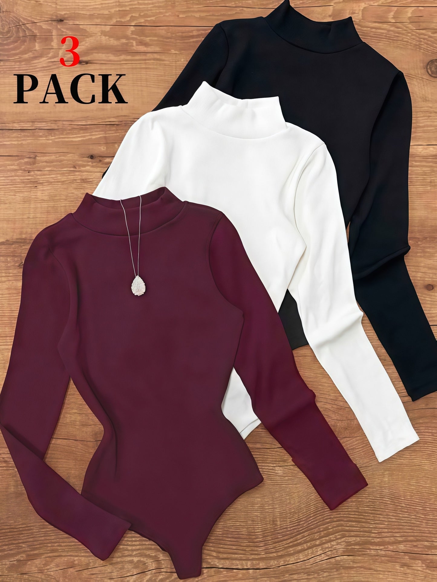 3pcs Women's High Neck Bodysuit - Shaping Underwear & Outerwear, Semi-Sheer Layering Piece, Machine Washable Winter Base Layer, Solid Color Elastic Suit (3pcs for layering or standalone) - Autumn/Winter new collection ZLLZ