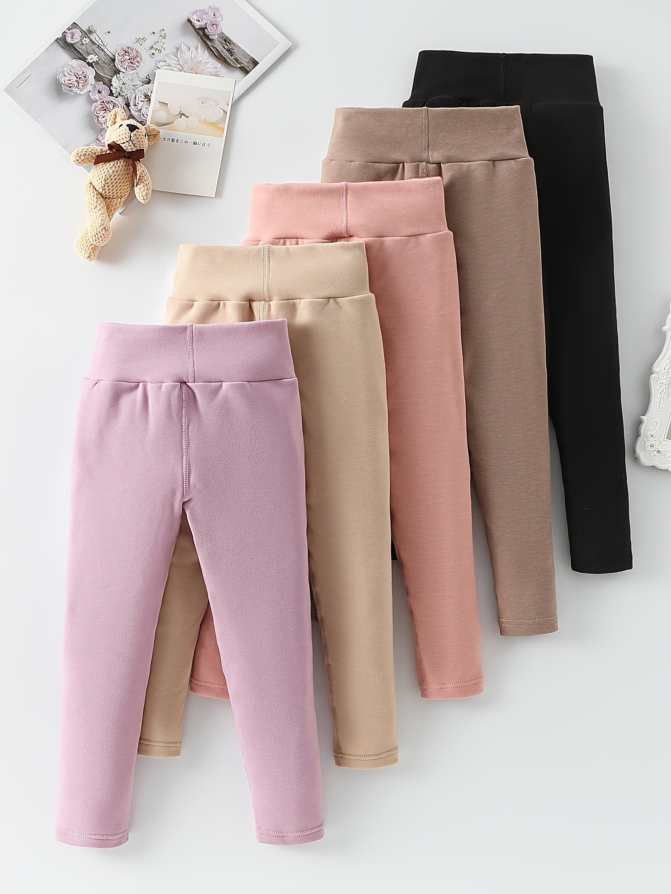 [Winter Warmth Leggings] 5pcs Girls' Winter Warmth Leggings - High-Waisted Stretchy Skinny-Fit Tights | Elastic Waistband, Solid Color Long Pants for Yoga, Casual & Outdoor Wear, Versatile Sister Matching Outfits