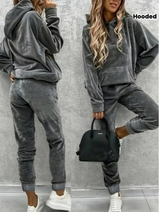 Casual Women's velvet suit solid color hooded sweatshirt s pants autumn two-piece set
