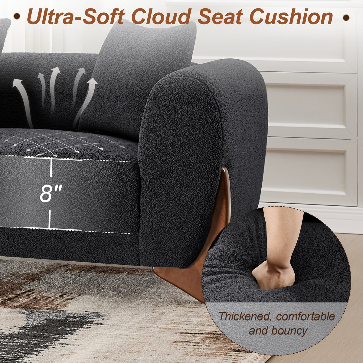 87inch Sherpa Boucle Cloud Couch Modern 3 Seater Sofa with Solid Wood Legs, 25inch Extra Deep Seat, Comfy Thick Cushion Upholstered Sofa Couches with 3 Pillows for Living Room, Green