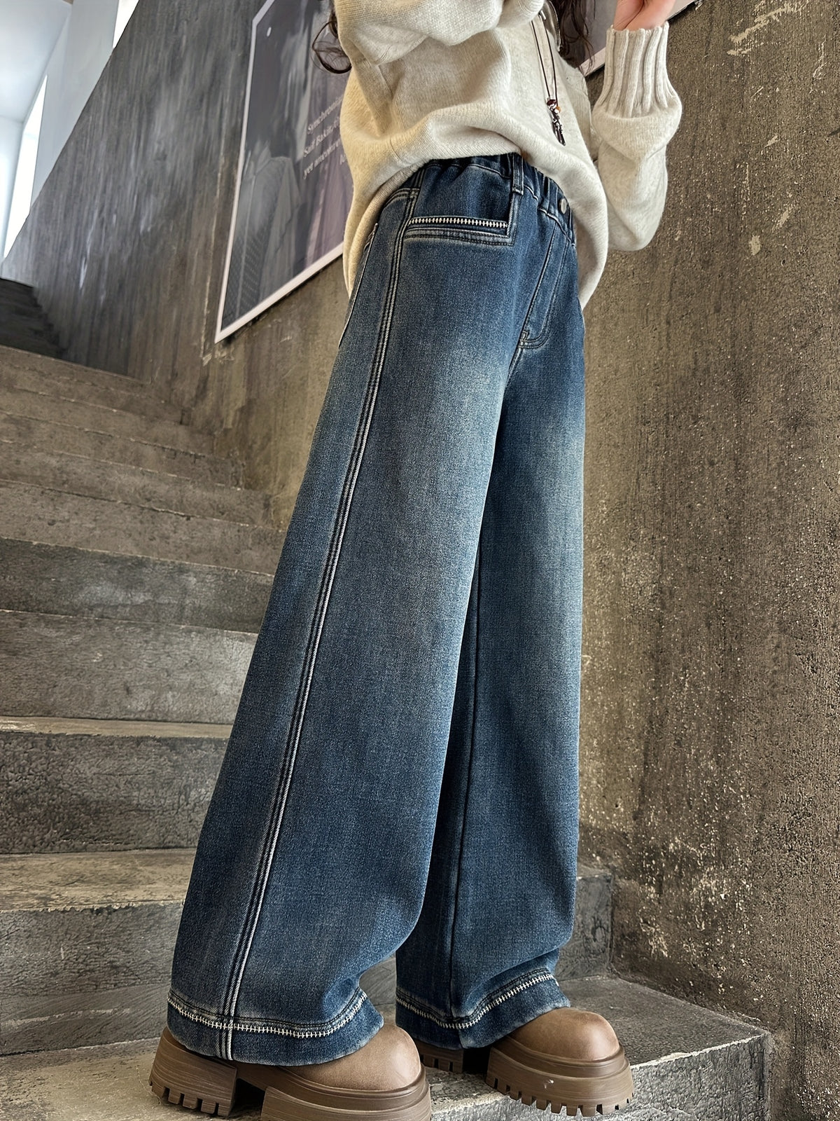 Girls' Fleece Lined Jeans for 7-16 Years | Warm Straight to Wide Leg Denim Pants, All Winter Cozy Casual Wear with Pockets.