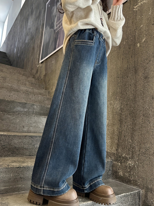 Girls' Fleece Lined Jeans for 7-16 Years | Warm Straight to Wide Leg Denim Pants, All Winter Cozy Casual Wear with Pockets.