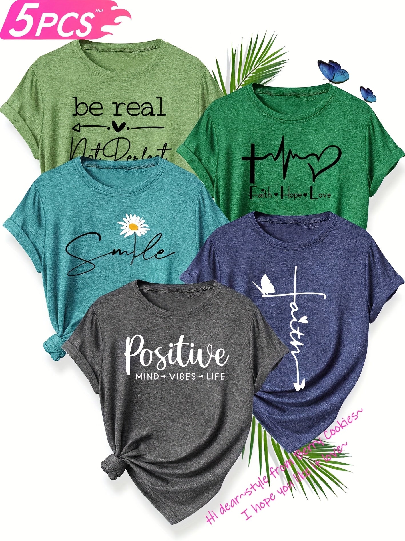 5pcs Women's T-Shirt Set, "Be Real" & "Smile" Inspirational Quotes, Heart & Flower Designs, Soft Polyester, Round Neck, Short Sleeve, Spring/Summer/Fall Casual Wear, Sizes S-XXL, Spring Summer Apparel, Playful Graphic Tees, M