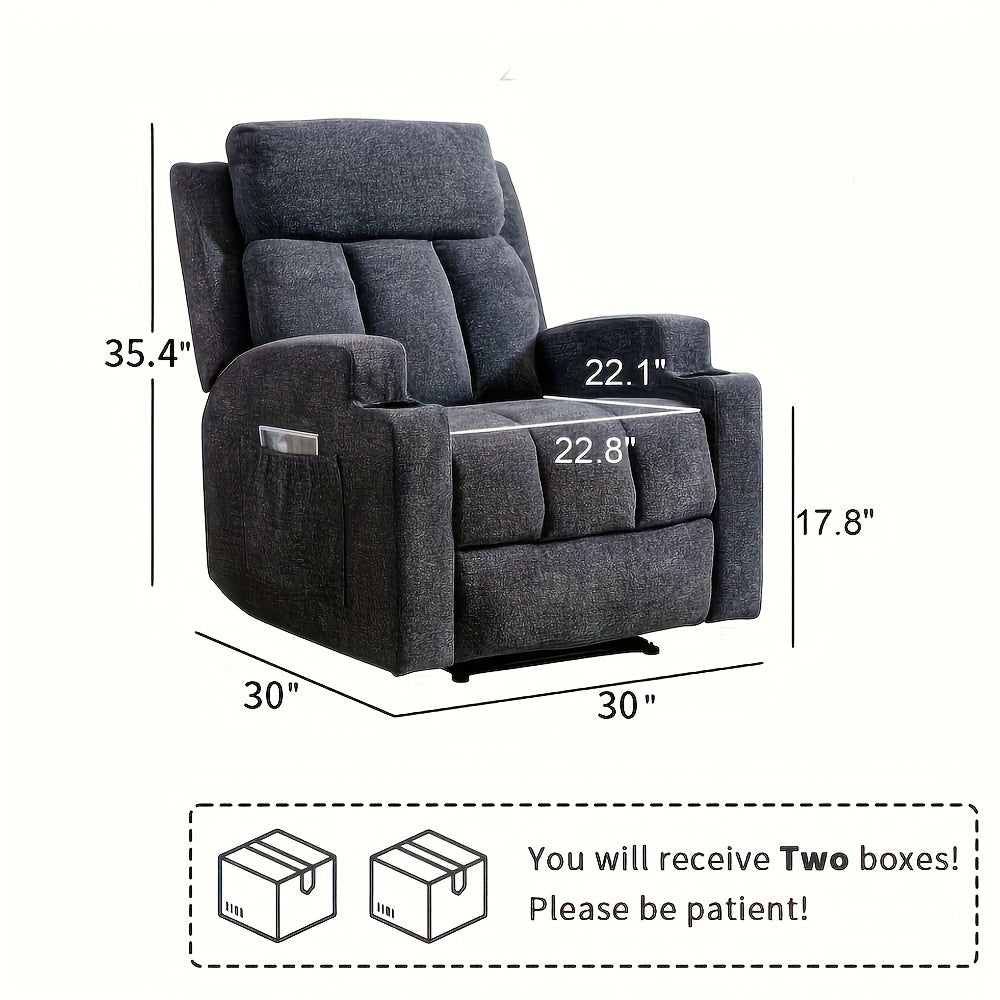 Manual Recliner Chair with Massage And Heat Ergonomic Overstuffed Breathable Fabric Reclining Chair with 2 Side Pockets, 2 Cup Holders, Remote Control, for Game & Recreation Room Furniture
