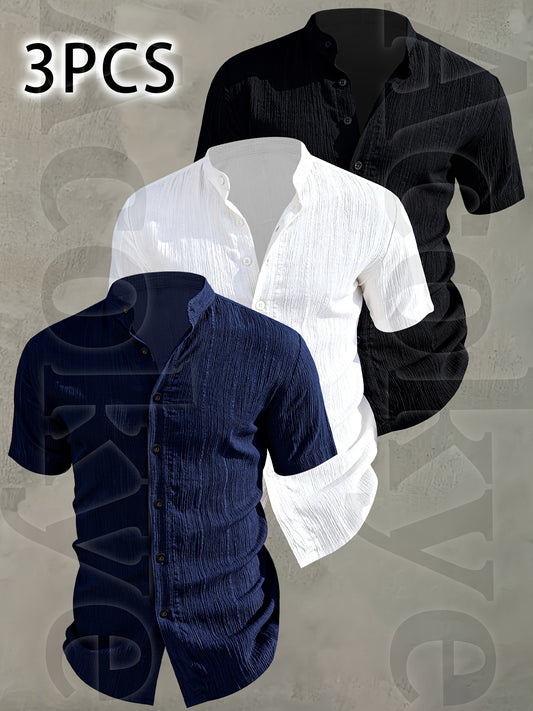3pcs Set Men's Summer Short Sleeve Shirts • Lightweight Breathable Solid Color Button Casual Shirts with Stand Collar • Ideal for Beach Vacations, Pool Parties, and Daily Wear