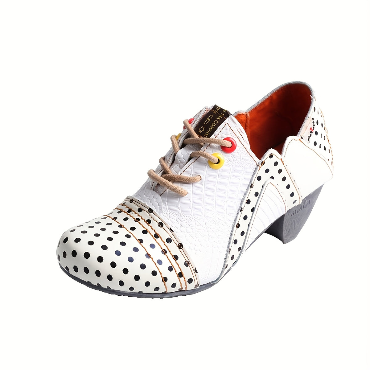TMA EYES Women's Polka Dot Ankle Boots - Low Heel Lace-Up Anti-Slip Handmade Boots with Colorful Button Accents & Crocodile Texture, Second Layer Cover & TPR Sole, All-Season Versatile Casual to Dressy Footwear, Stylish Stree