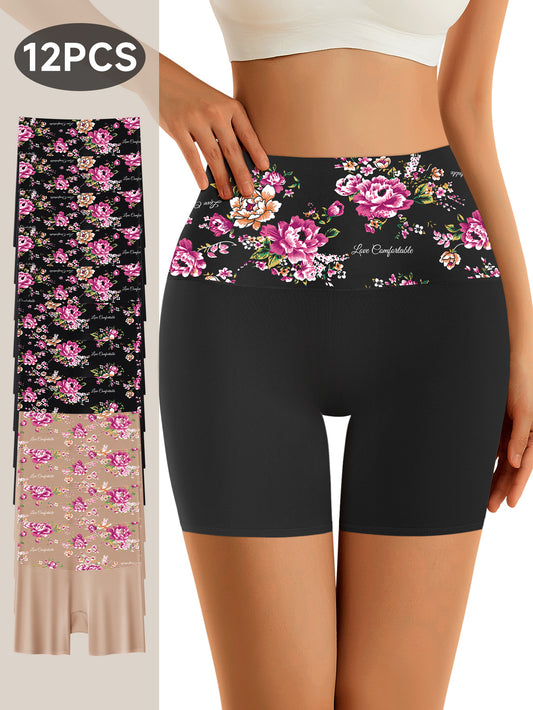 12pcs Elegant Random Flower Print Women'S Shorts Intimates - Comfortable and Soft Safety Panties - Lingerie & Underwear for Women