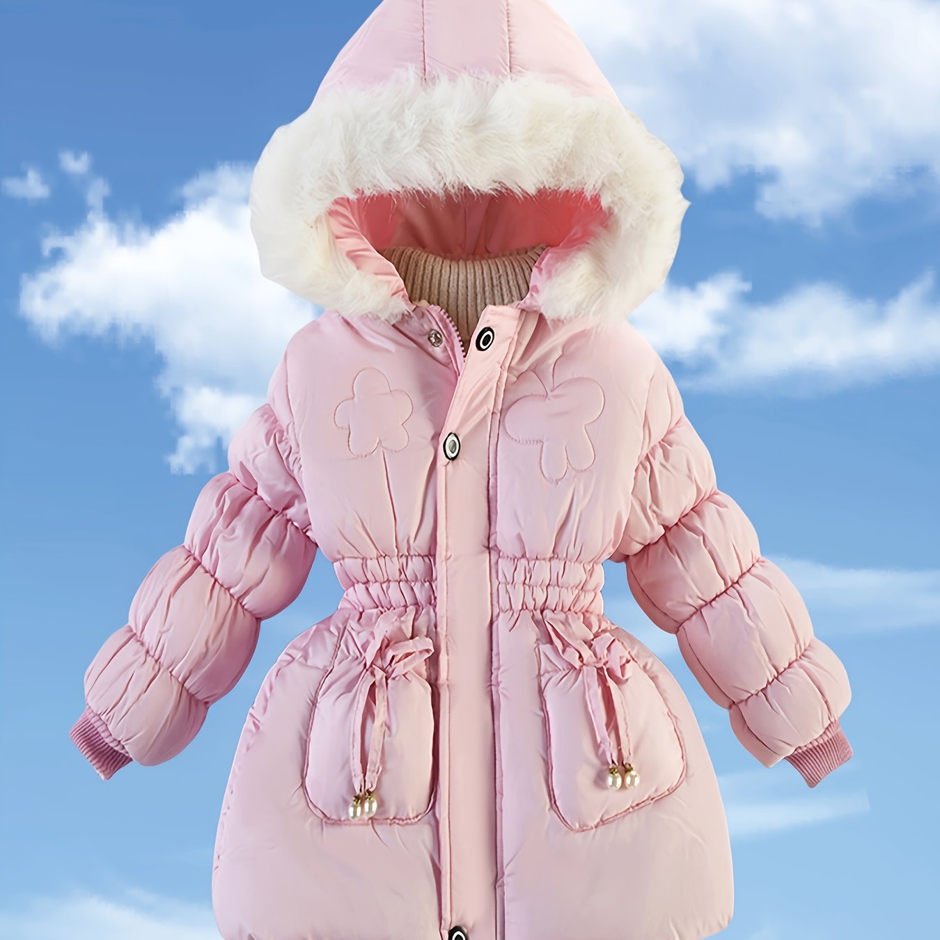 2025 Cute Autumn Winter Girls' Hooded Zipper Jacket - Cozy Floral Pattern Winter Coat with Long Sleeves, Polyester Lined, Perfect for Cold Weather, Cute Winter Clothes, Winter Girl Outfit, Charming Fall Apparel, Durable Cozy