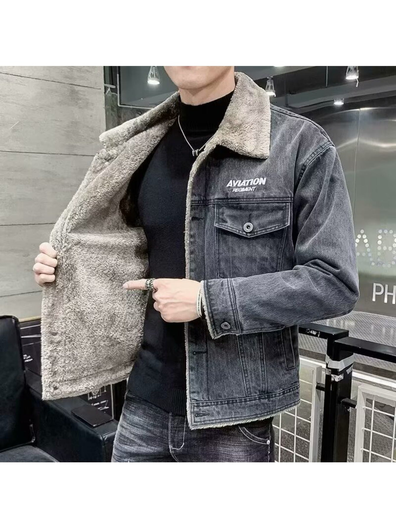 Men's Winter Heavy-Denim Jacket with Lapel Collar & Windproof Pockets - Thickened, Retro - Denim Coat for Cold Weather, Machine Washable Outerwear