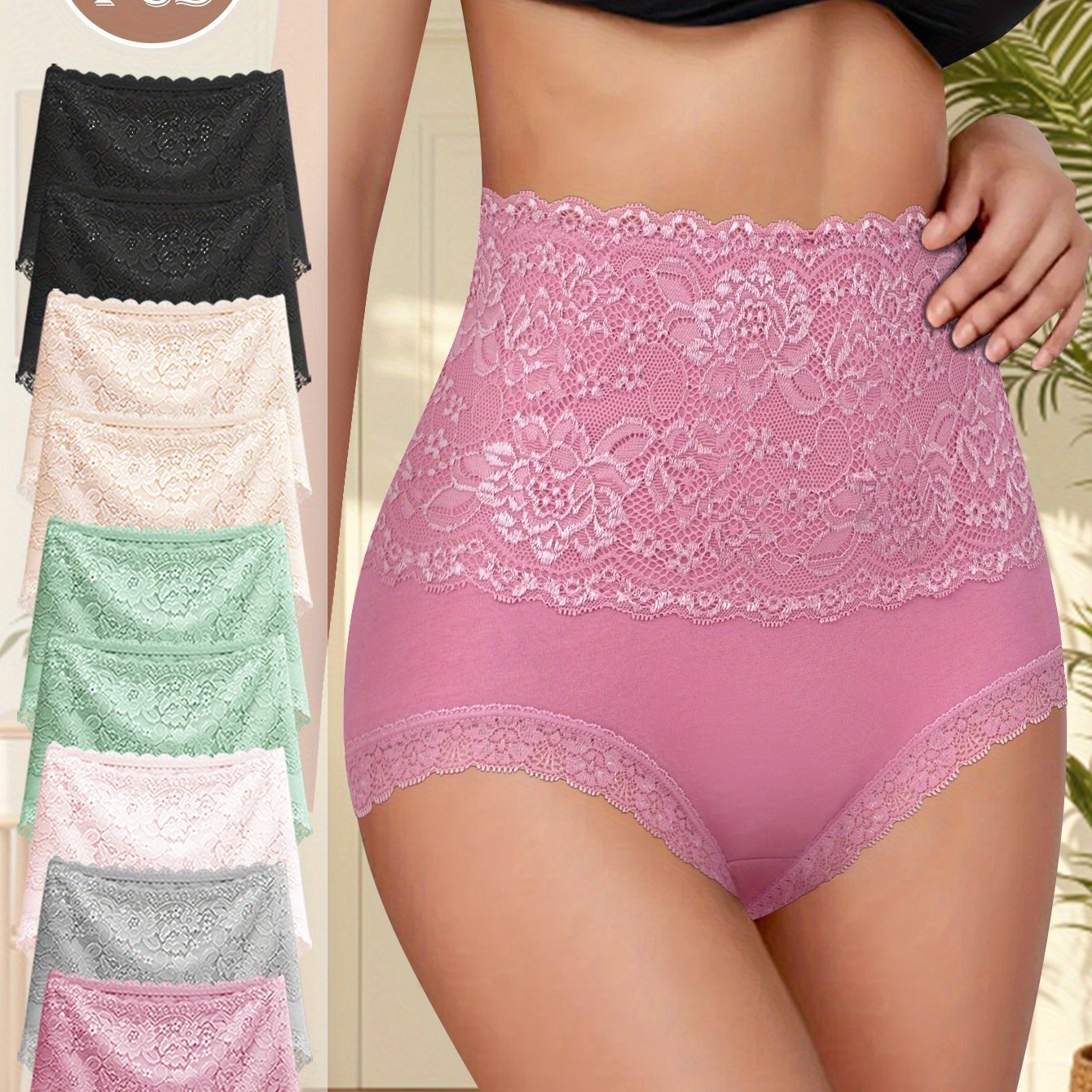 QUASTI Women's High-Waisted Panties , Lace-Trimmed Breathable Comfort Fit , Elegant Solid Color Contrast Lace Trim High Waistband , Versatile Underwear for Everyday & Special Occasions , 9pcs , Sophisticated Durable Fabric