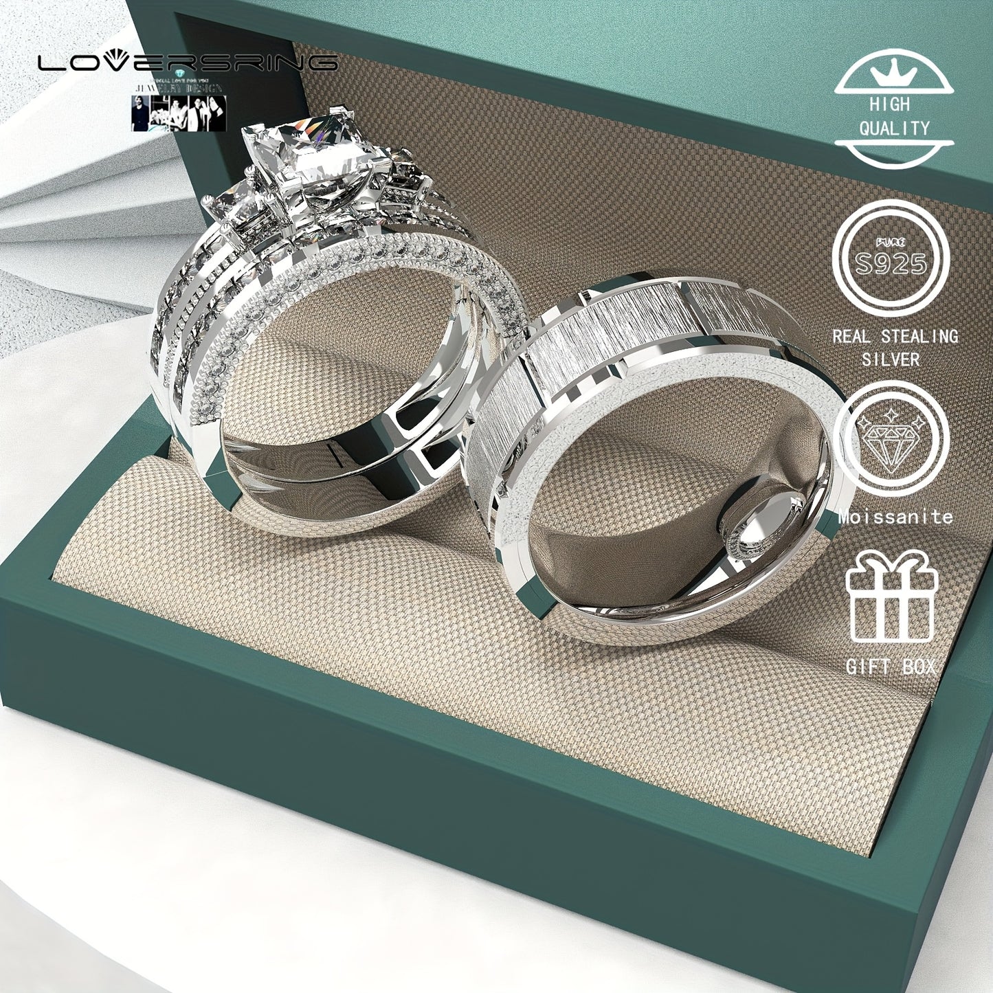 Bridal Sets Wedding Ring Sets His And Hers Promise Ring Couples Bridal Sets Women S925 Sterling Silvery Moissanite Man Wedding Bands With Couple Ring Box