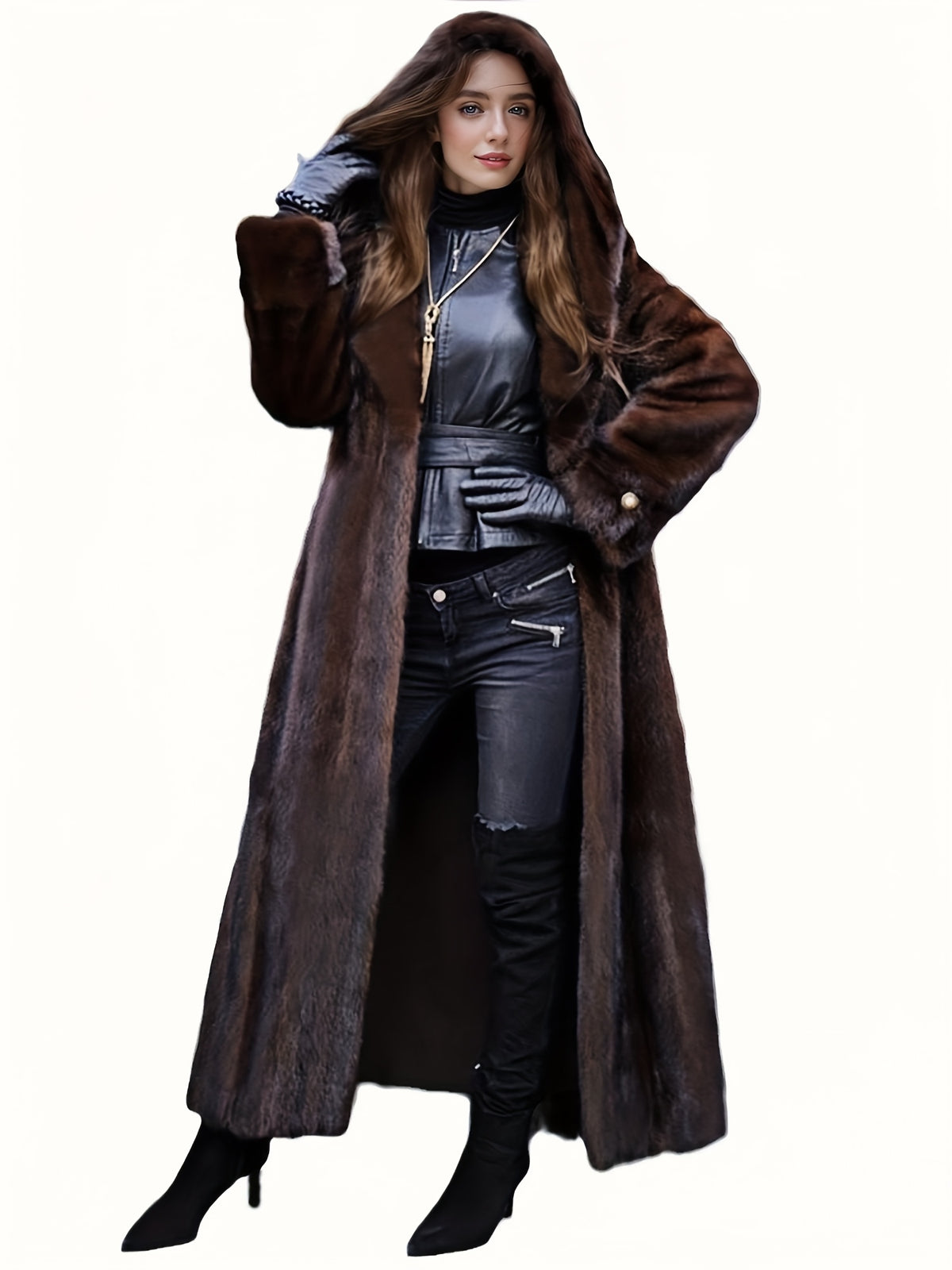 Elegant Women'S Faux Fur Coat - Fashionable & Casual Long-Sleeved Hooded Faux Mink Coat In Coffee Brown, Featuring Single Breasted Closure, Removable Belt, Regular Sleeves, Minimalist, Elegant, Stylish & Personalized, Suitabl