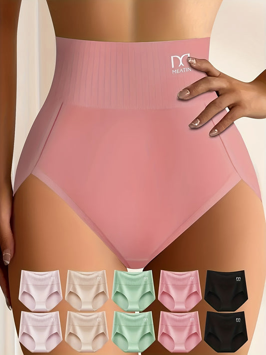 QUASTI 10 Pieces Ladies' High-waist Panties In Black Stripes, Combining Breathable Comfort With A Perfect Fit. Women High-waist Underwear Feature Elastic, Soft Hip Wrap With A High-rise Thigh Design, Offering A Perfect Blend