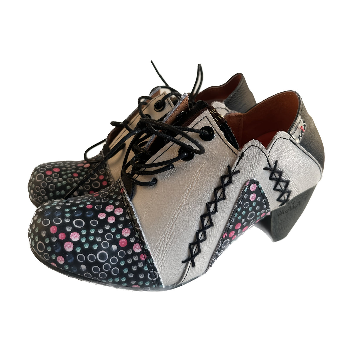 TMA EYES Women'S Handmade-Stitched Genuine Top-Grain Cover Ankle Boots - Spring Fashion Polka Dot Print (Pink/Black/White) with Non-Slip TPR Sole, Lace-Up Closure & Mid-Heel - Casual to Semi-Formal Versatile Booties for Every