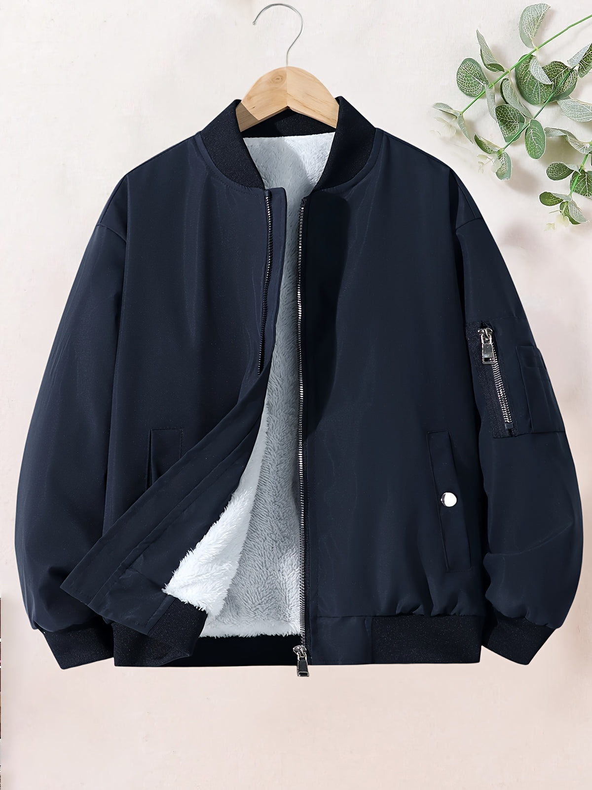 1pc Boys' Teen Jacket - Thickened Winter Coat with Full-Zip Closure, Baseball collar, Non-Stretch Fabric - Black Outerwear for Teens & Youth - Cold Weather Outer Jacket for School, Sports, Everyday - Easy-Care Polyester Jacke