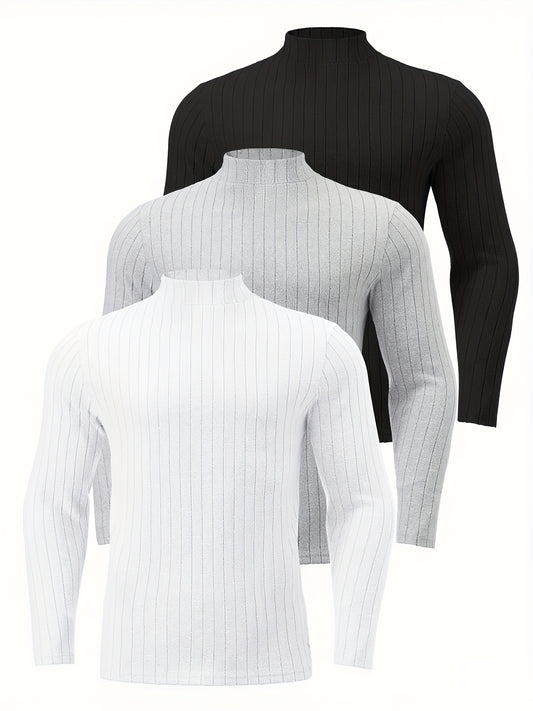 3pcs Men's High Elasticity Slim Fit Striped Knitted Sweater - Ribbed Details, Semi High Neck Long Sleeved Pullover, Suitable for Casual Wear In Spring, Autumn And Winter