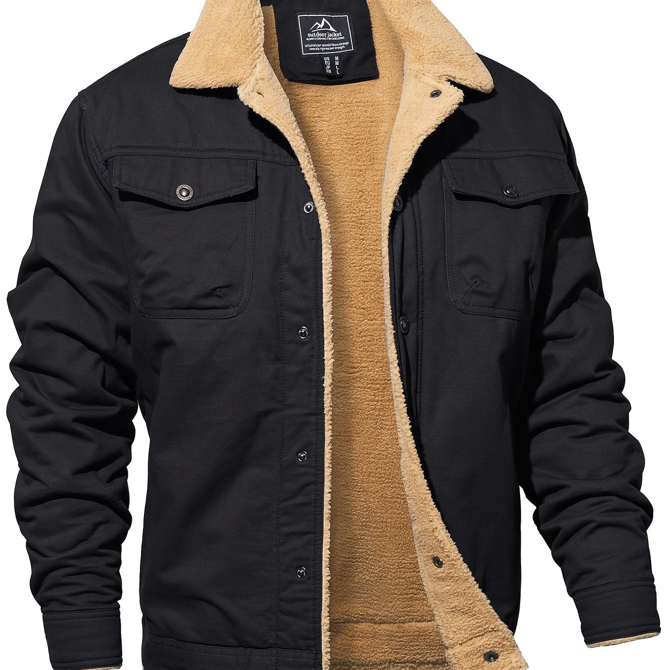 Men's Winter Jacket, Casual Grain Feel Fleece Washed Fabric Thick Soft Cozy Warm, Twill Texture Multifunctional Pocket Open Placket Metal Buckle, Trucker Style, Outdoor Running Hiking Climbing Camping Traveling Fishing Daily