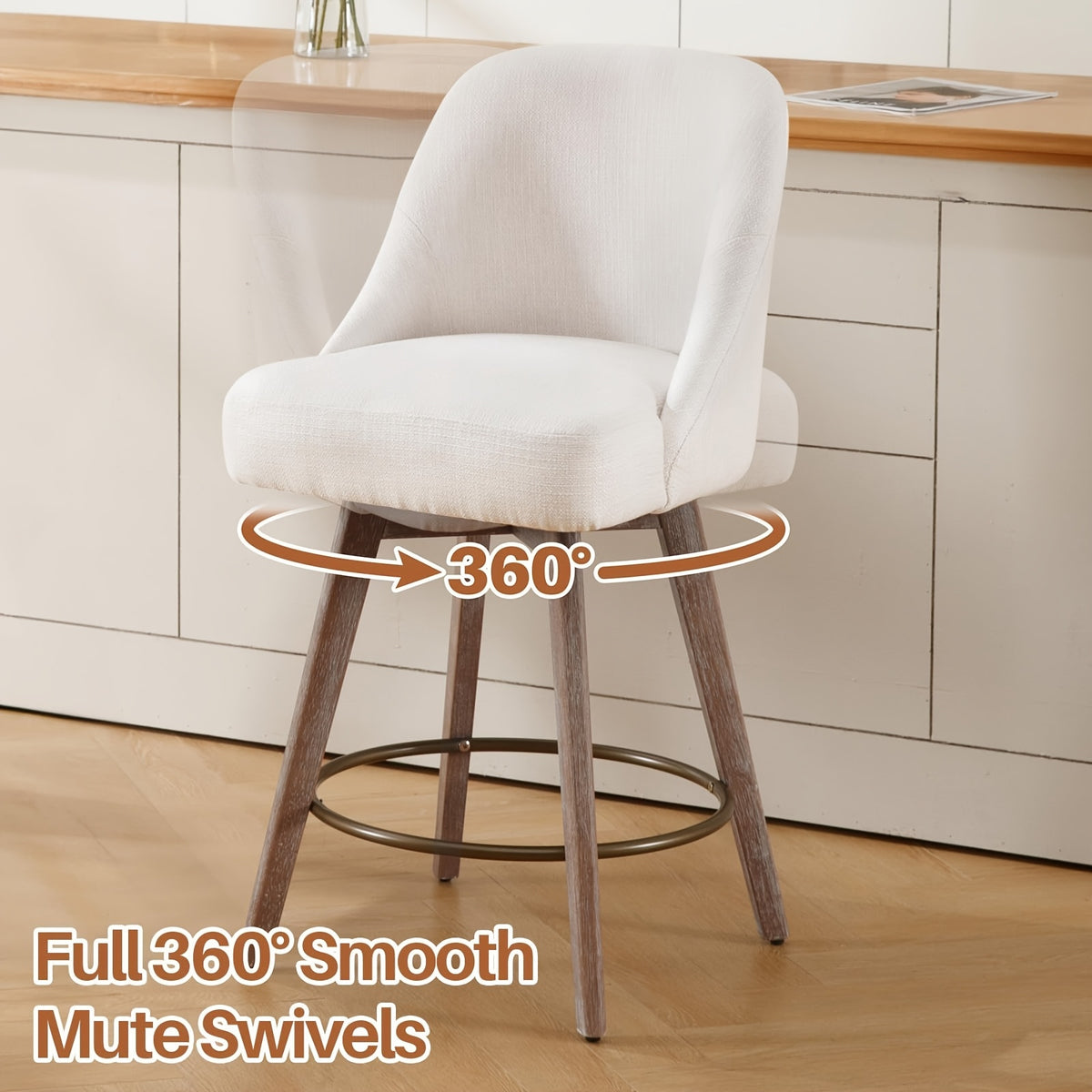 Modern Mid-Century Swivel Counter Height Bar Stools, Set of 3 with Backs, Linen Fabric Upholstered & Sturdy Wood Legs, 360° Swivel Base, 26" Seat Height, Easy Assembly, for Home Bar Dining or Modern Kitchen, Durable H