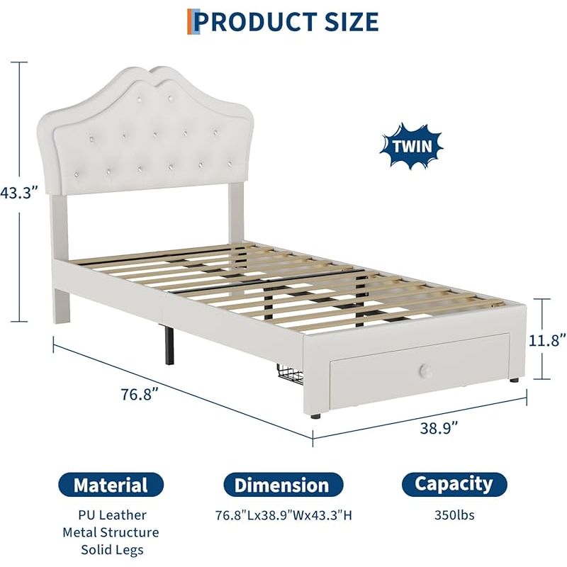 Twin-Size Single Bed Frame with Headboard & Storage Drawers - Modern Platform Bed with Upholstered Headboard, Easy Assembly, No Springs Needed