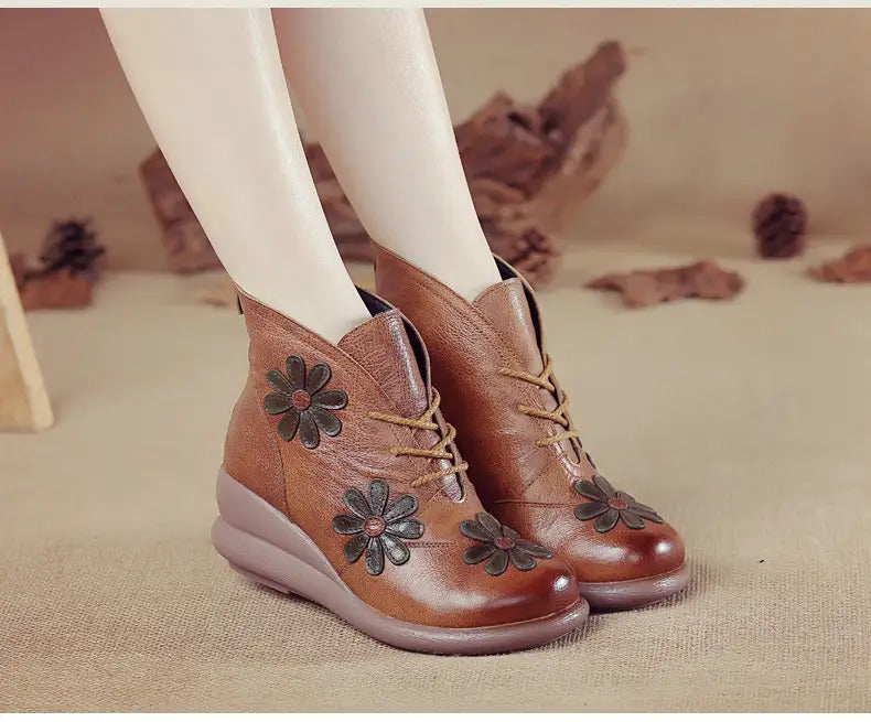 Women'S Genuine Leather Platform Ankle Boots with Floral Embellishment - Chunky Heel, Round Toe & Zipper Closure, Warm & Cushioned Insole, Casual to Semi-Formal Cowhide Boots for Everyday Comfort (Brown/Red) - Hand Washable R