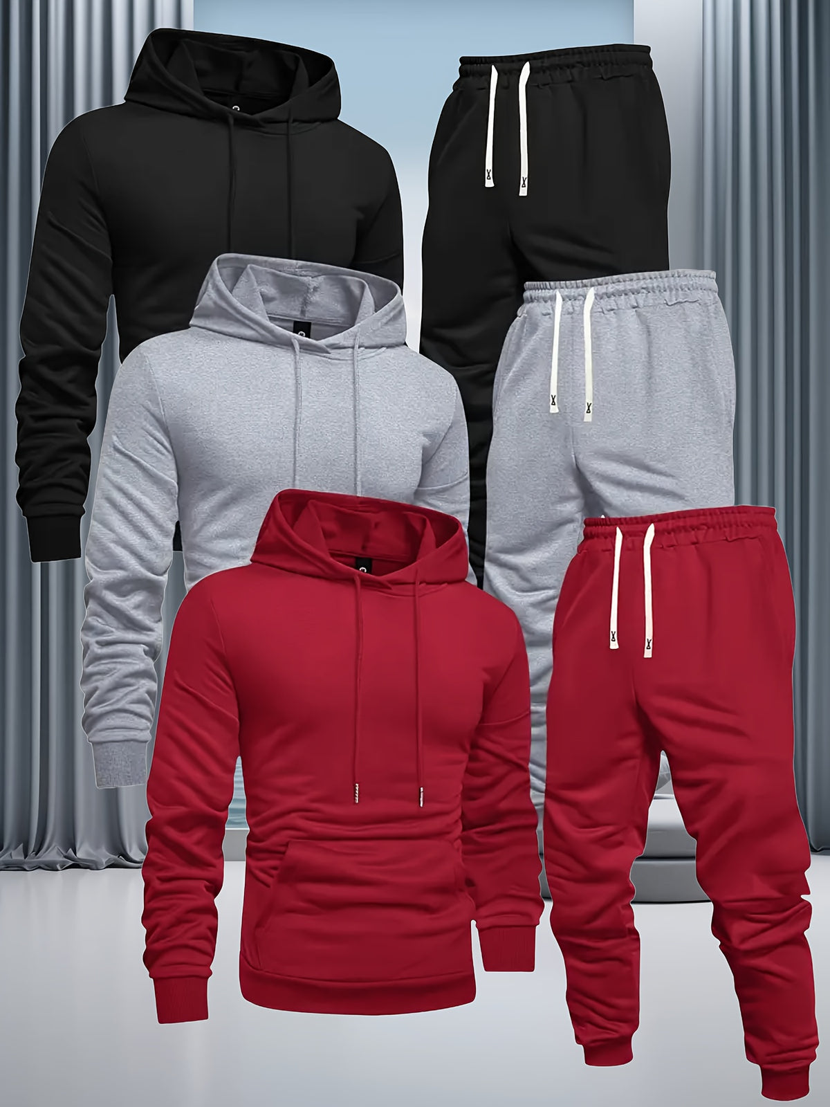 6pcs Collection for Men Featuring a Casual Sports Outfit for Autumn And Winter, Including a Solid Color Hooded Sweatshirt with Drawstrings And Matching Pants. Made from Knitted Fabric, This Regular Fit Set Is Machine Washable