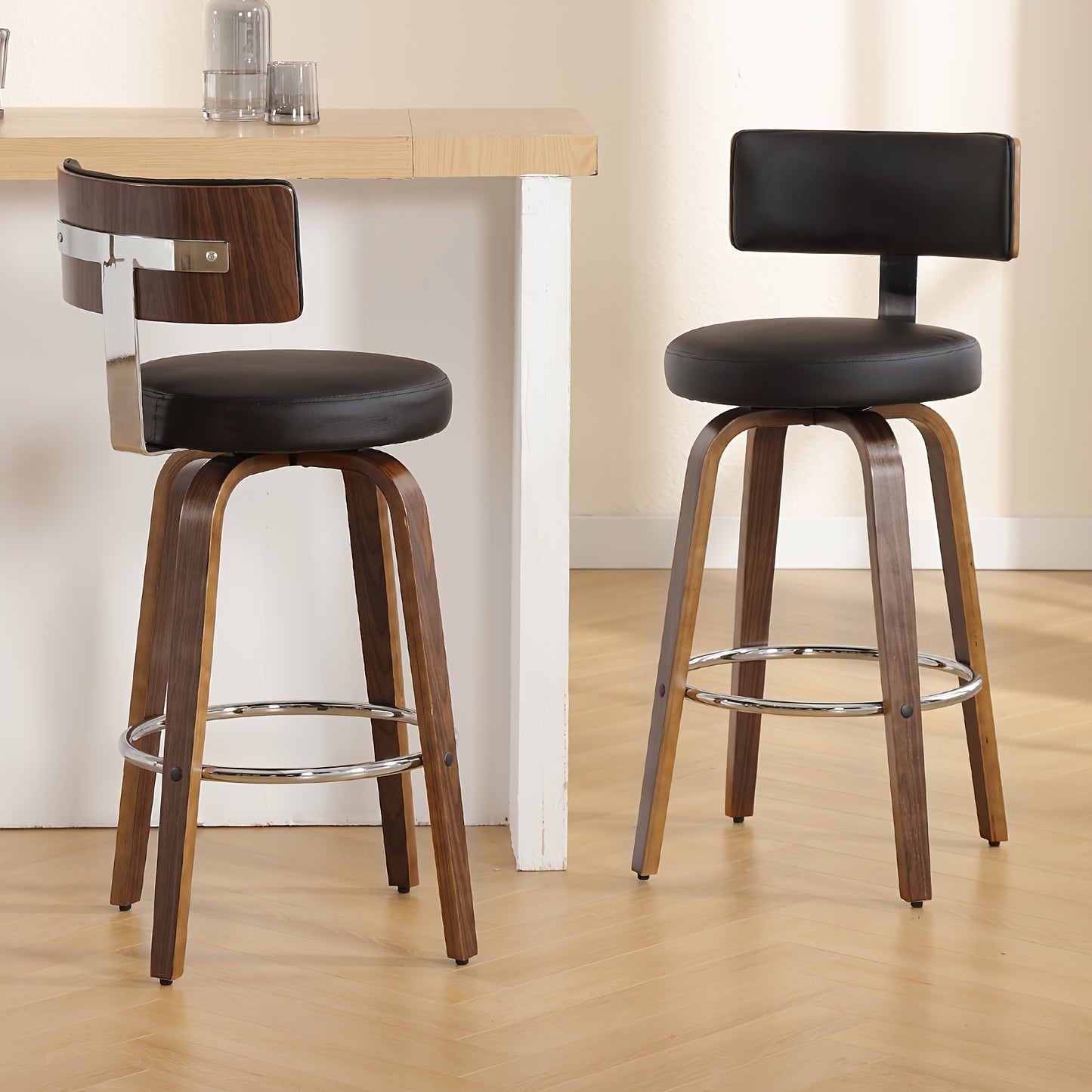 Bar Stools Set of 2, Faux Leather 360° Swivel Barstools with Back and Round Seat, Modern 26"/29" Bar Height Upholstered Bar Chairs Island Stools for Kitchen Counter, Walnut Bentwood Legs