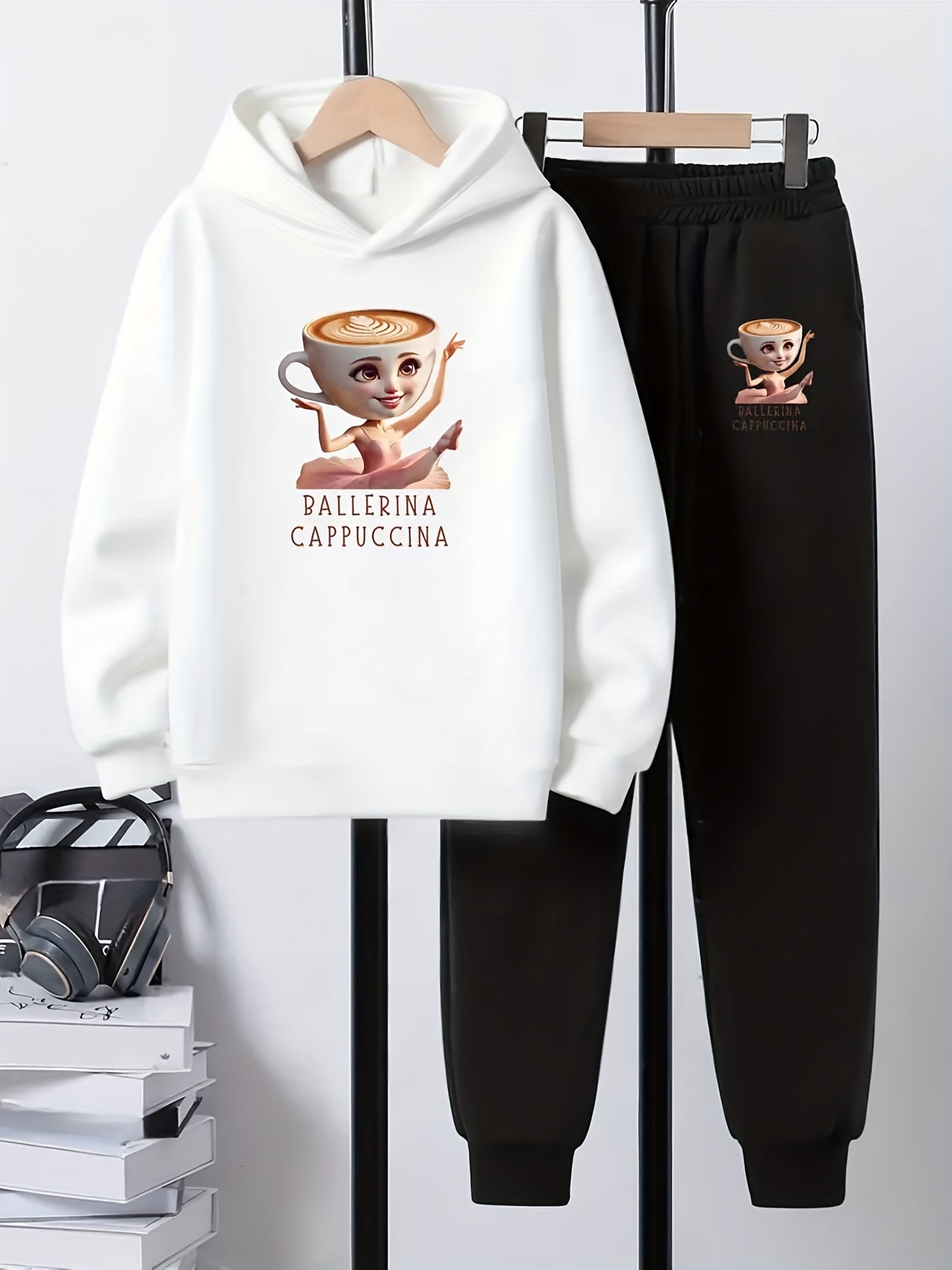 2pcs Boys' Italian Brainrot Cappuccino Ballerina Pattern Hoodie and Jogger Set - Comfortable Loose Fit Sweatshirt with Matching Printed Ballet Dancer Pants, Machine Washable Autumn/Winter Casual Wear, Suitable for School and