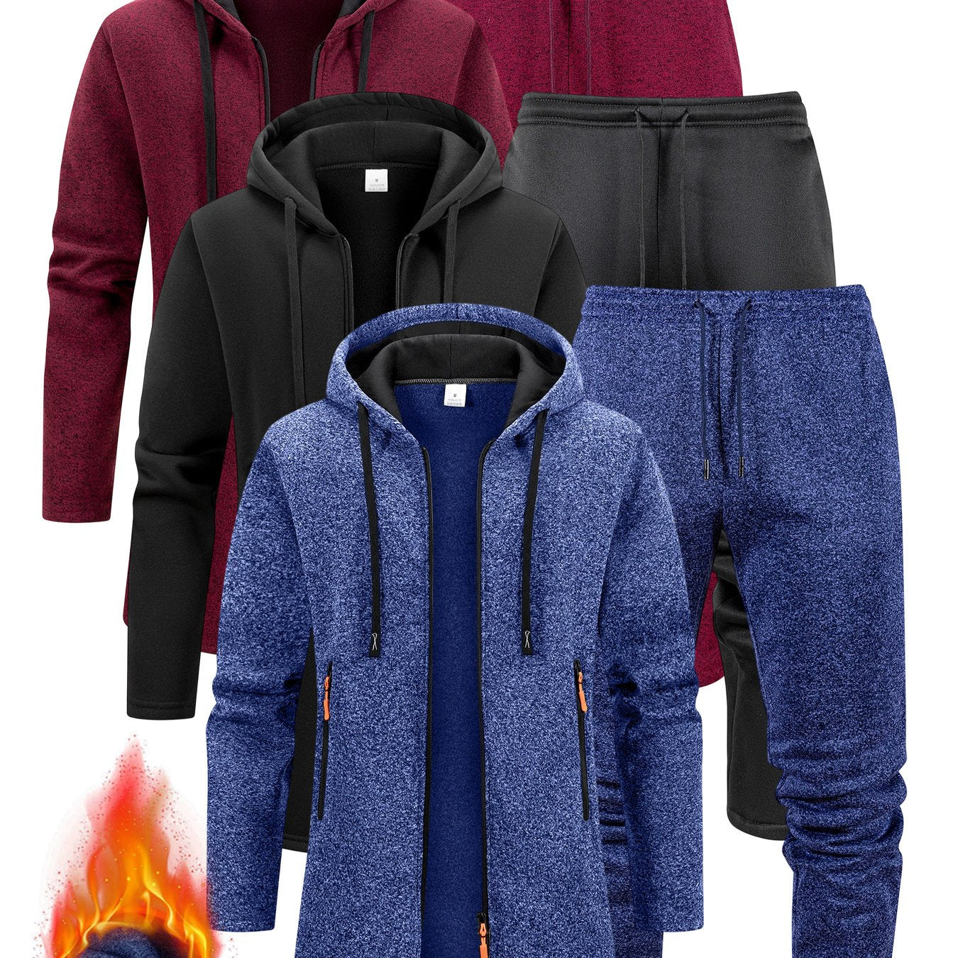 Three Interchangeable Korean-Style Casual Outfits for Men • Trendy Colors That Exude Sophistication • Comfortable And Warm Set Includes a Hooded Fleece Jacket • Drawstring Pants That Have Pockets