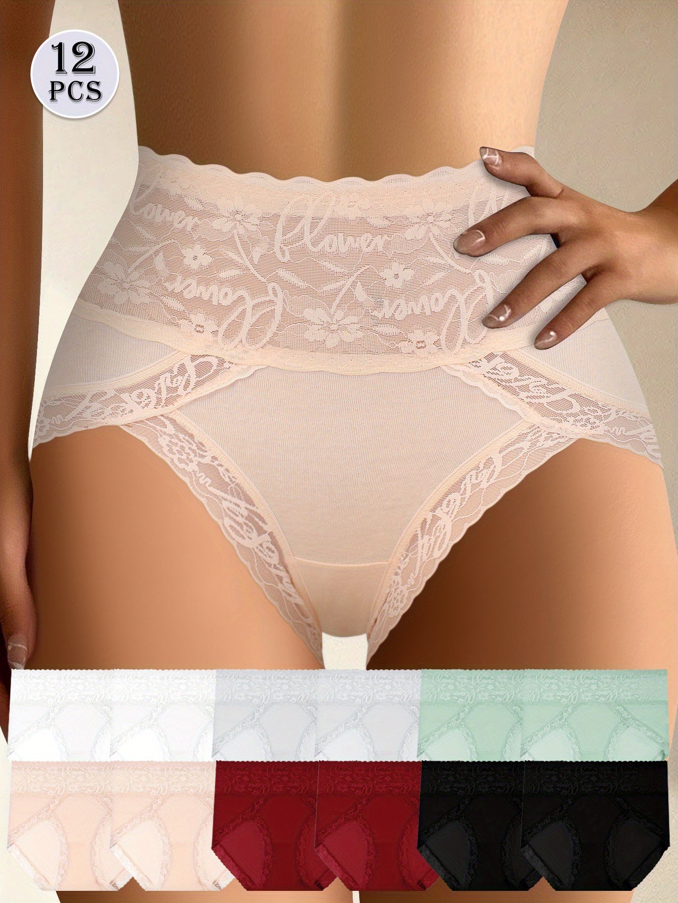 12pcs QUASTI Women'S High Waist Tummy Control Underwear - Seamless Butt Lifting & Body Shaping, Soft Breathable Comfort Fit, Mid-Rise Lace Trim, Multi-Color Options for Everyday Casual Wear, Tummy Control Underwear, Everyday