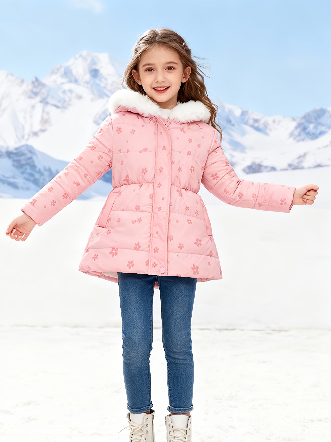 Autumn-Winter New Arrival Girls' -Lined Floral Print Hooded Coat, Fashionable Long Waistcoat for Toddlers and Kids