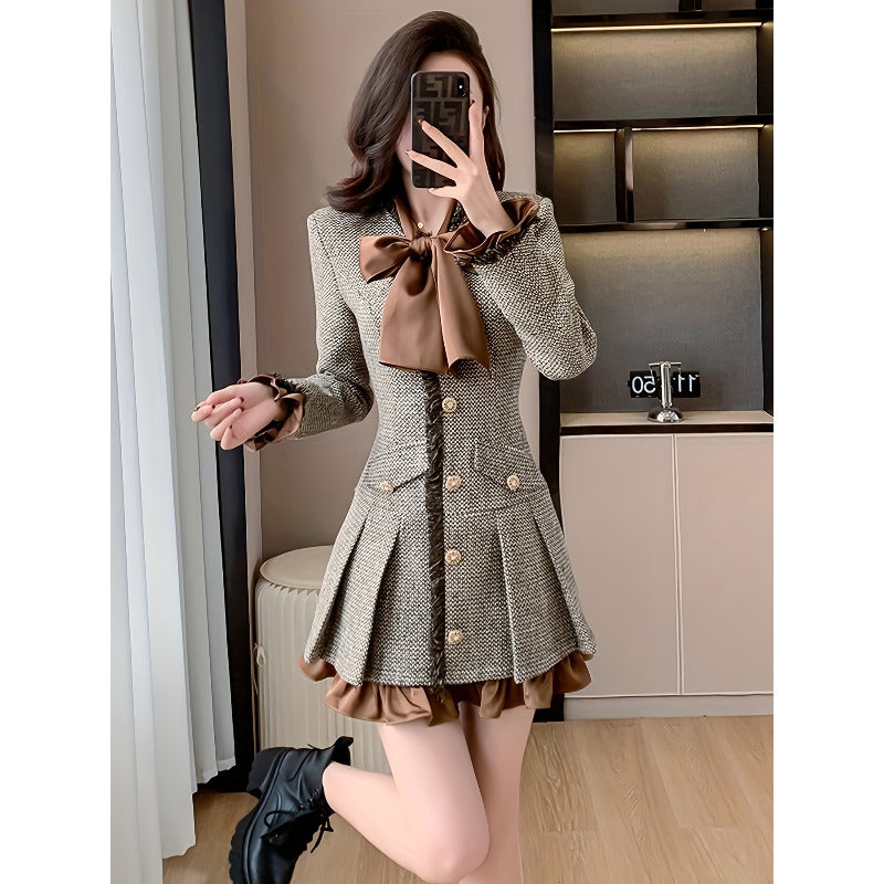 Women'S Elegant French-Inspired Slim-Fit Tweed Dress with Pleated Skirt - Structured Waist & Short Sleeves, A-Line Silhouette, Brown/ Houndstooth Pattern, Cozy Warm Fabric for Fall Winter, Casual to Semi-Formal Outfits (No Fe