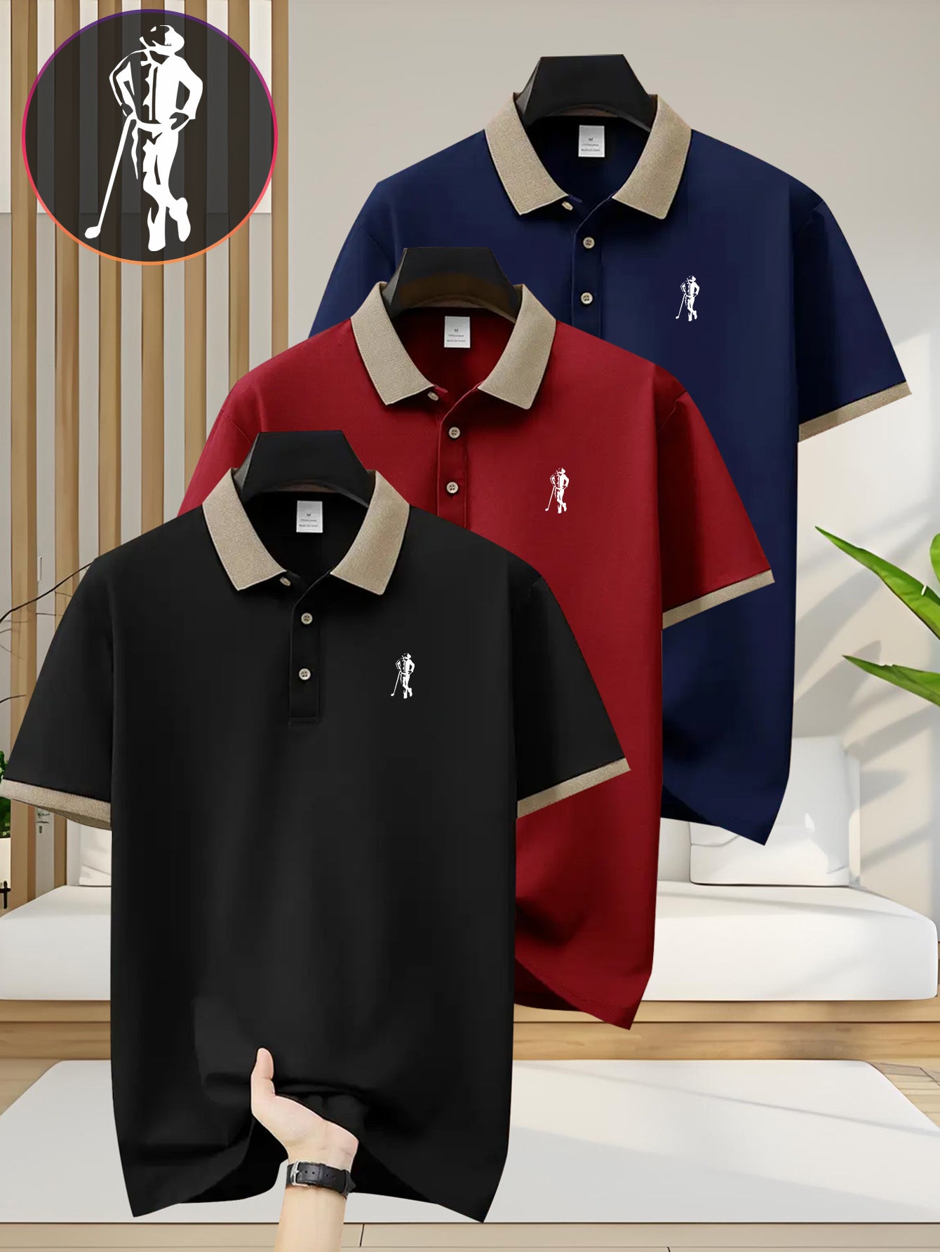[Ideal Christmas Gift] A Trendy Three-Piece Set of Men's Polo Shirts, Perfect for Casual Wear And Golf, Featuring Print Patterns, a Collared Design, Short Sleeves, Buttoned Neck, And Breathable Fabric, Making It an Ideal Chri