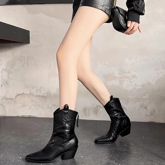 Women'S Vintage Western Boots - Slip-On Chunky mid-heel, Genuine Leather Upper & Non-Slip Rubber Sole, Easy Zipper Closure, Elegant Brown/Black Booties for Fall/Winter, Everyday & Formal Outfits, Winter Footwear, Pointed Toe