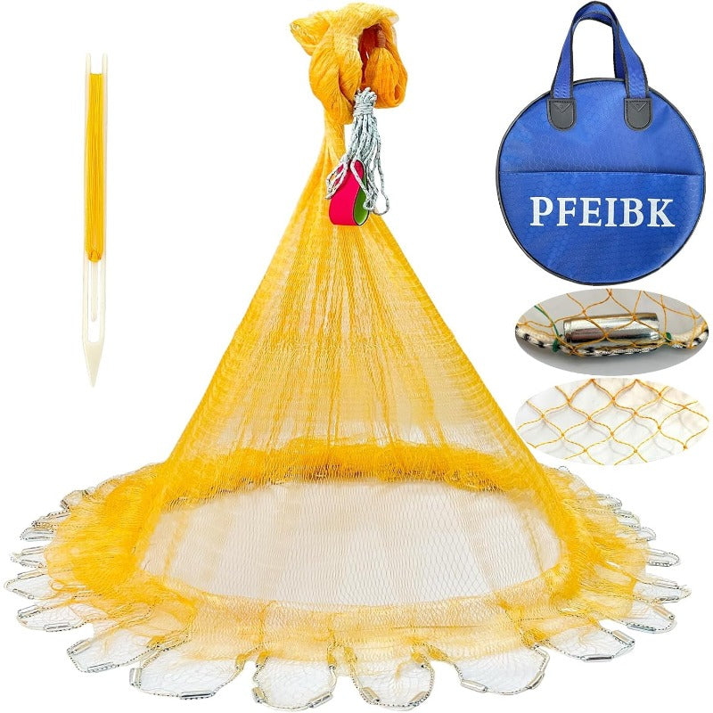Heavy-Duty Handmade Nylon Multifilament Casting Net with 3/8” Mesh, Zinc-Weighted Sinkers & Saltwater/Corrosion Resistant - 3ft/4ft/6ft/8ft/10ft/12ft Hand Throw Net for Bait Fish, Freshwater/Saltwater Fishing (Commercial &